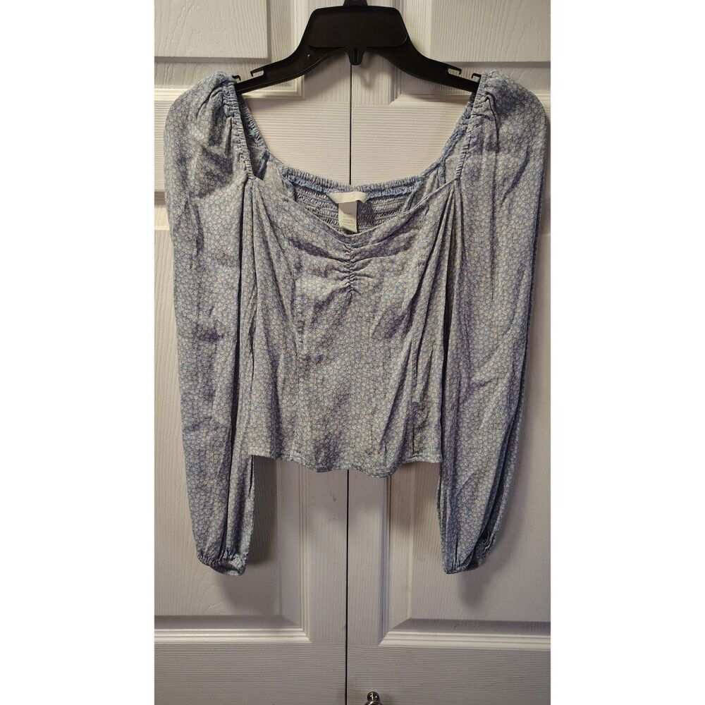 H&M XXS Blue Floral Print Puff Long Sleeve Blouse